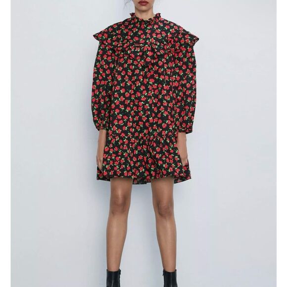 Zara Floral Ruffle Dress Women's Size XS Black Red 100% Cotton Romantic‎ Cottage - Picture 1 of 11